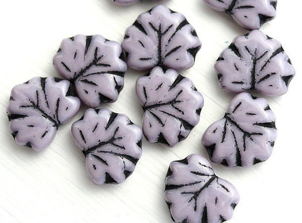 11x13mm Violet Fancy Leaf beads, Light Purple Maple glass leaves, Black Inlays, 10pc