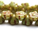 7mm Button style Flower Czech glass beads, Picasso Rustic Green - 25pc