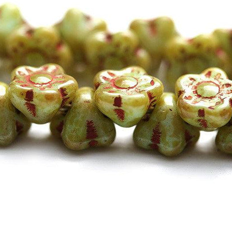 7mm Button style Flower Czech glass beads, Picasso Rustic Green - 25pc