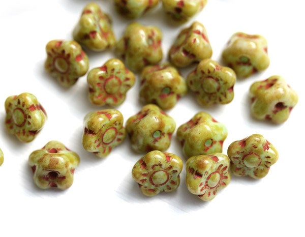 7mm Button style Flower Czech glass beads, Picasso Rustic Green - 25pc