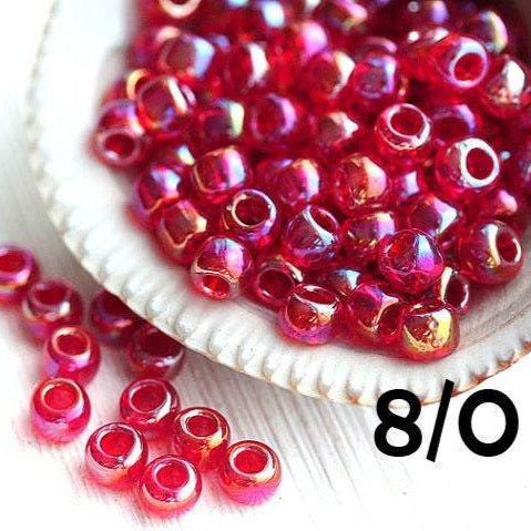 8/0 Toho seed beads, Transparent Rainbow Ruby red N 165C - 10g